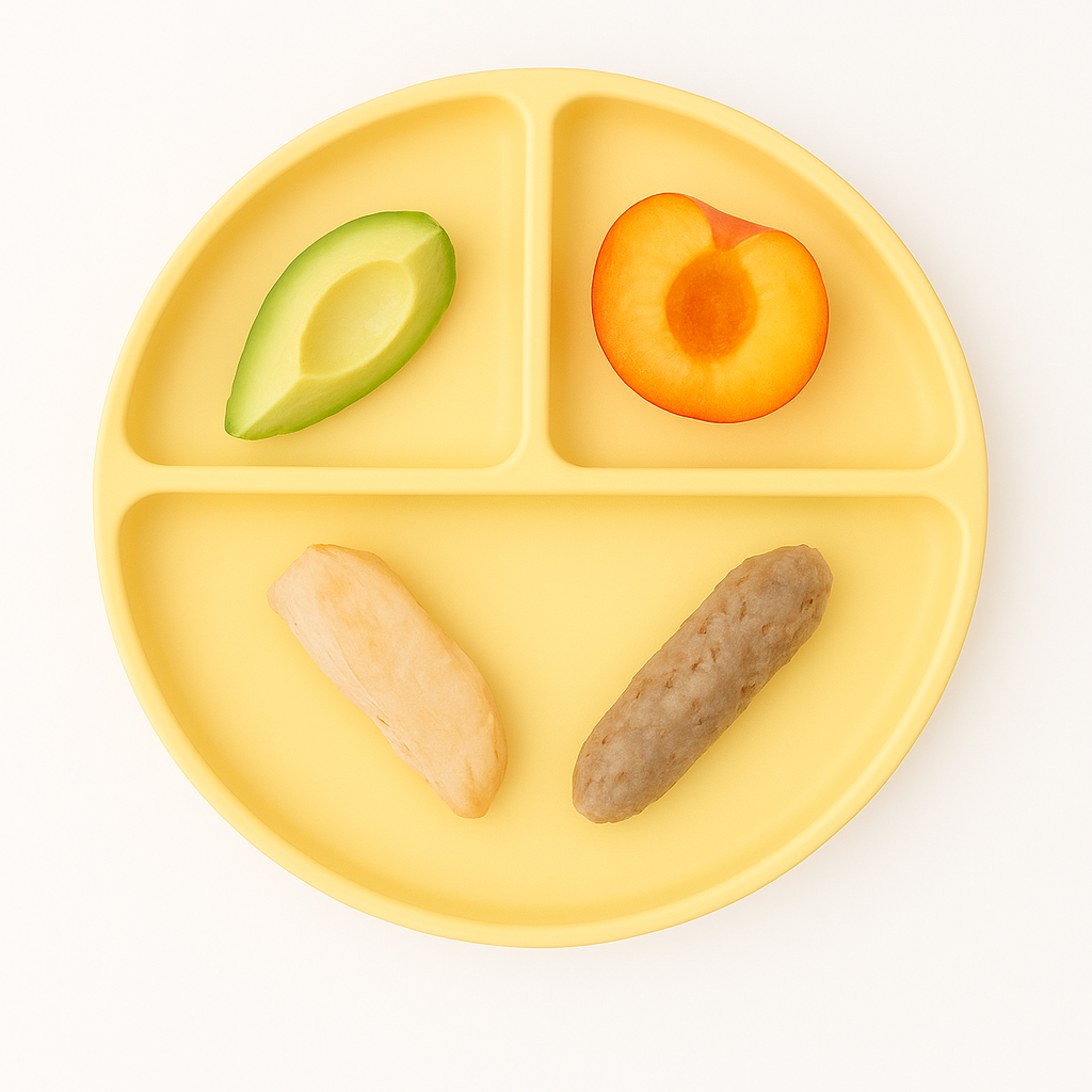 Buckwheat, Rabbit, Avocado, and Peach baby-led weaning plate: how to serve and cut