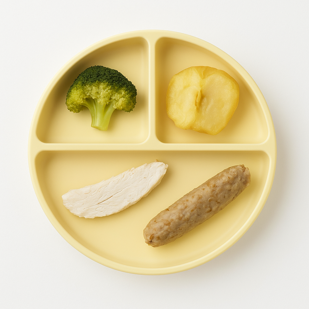 Buckwheat, Chicken, Broccoli, and Apple baby-led weaning plate: how to serve and cut