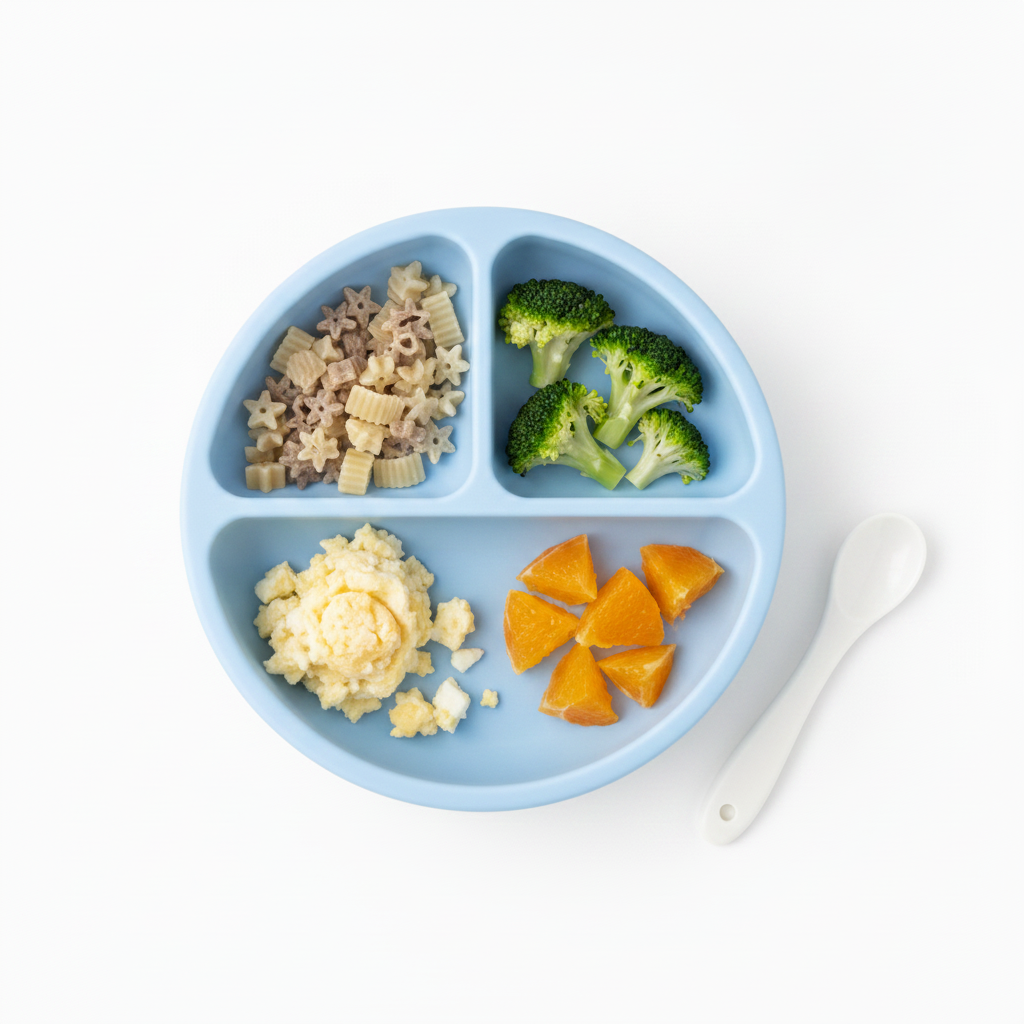 Bright and Nutritious Breakfast for Baby baby-led weaning plate: how to serve and cut