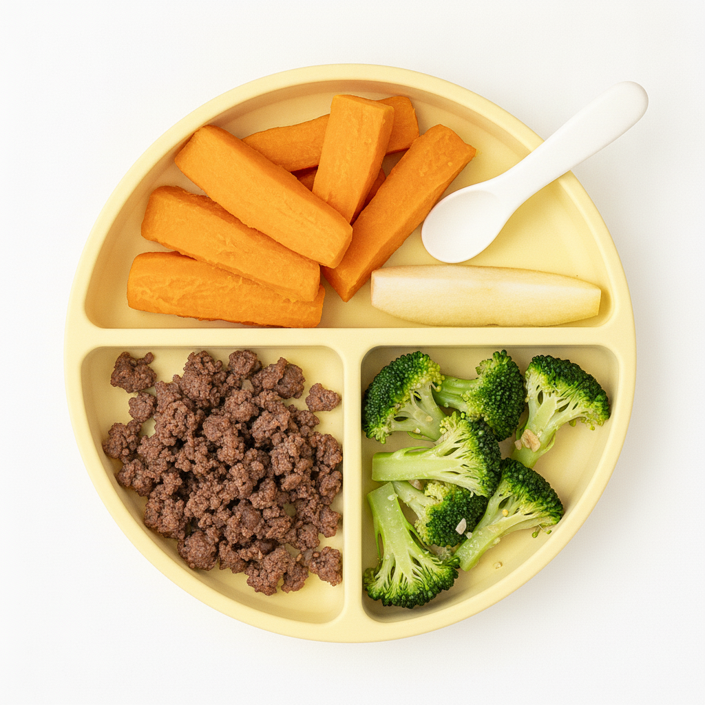 Sweet Potato, Beef & Garlic Broccoli Fingers with Apple baby-led weaning plate: how to serve and cut