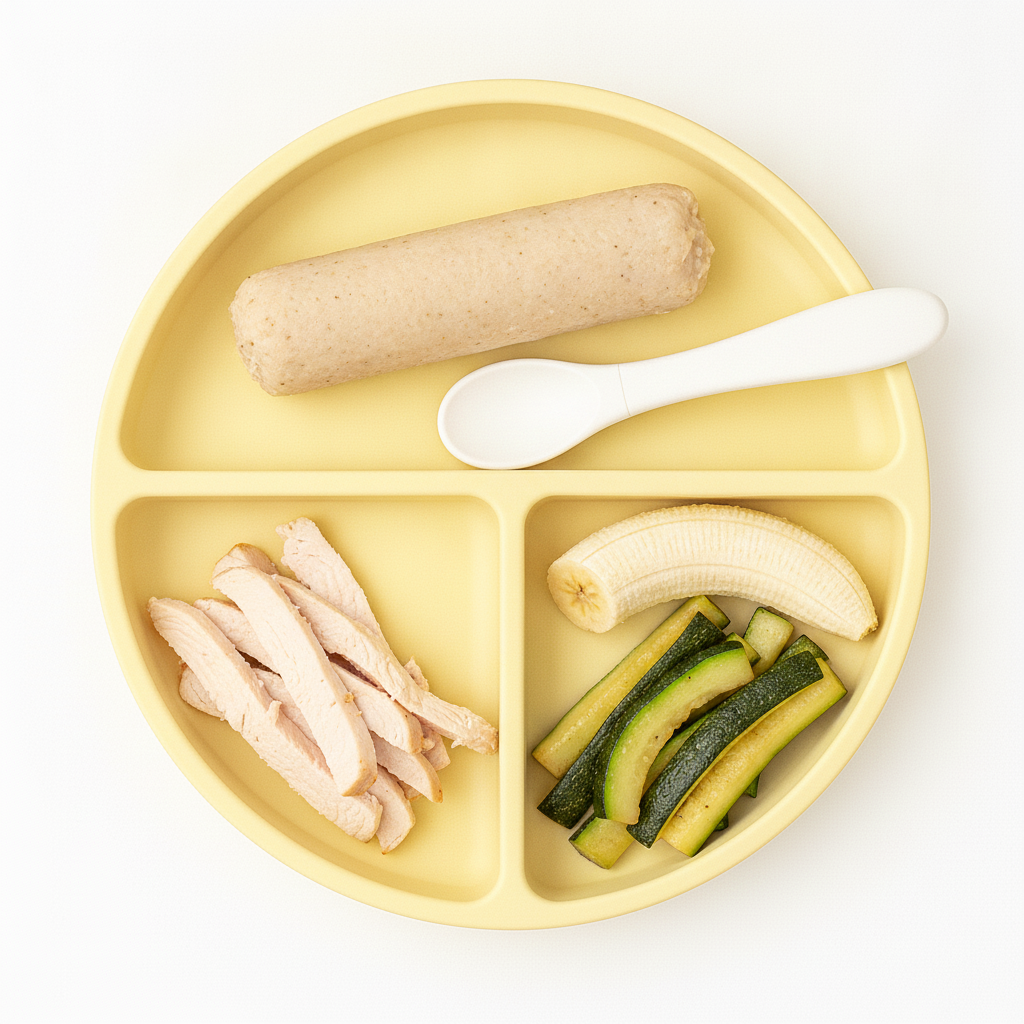Oatmeal, Turkey, Zucchini, and Banana baby-led weaning plate: how to serve and cut